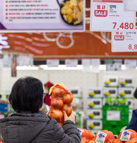 작년 소비자물가가 5% 넘게 오르며 외환위기 이후 24년 만에 최고치를 기록했다. 사진은 지난달 30일  서울 서초구 농협 하나로마트 양재점의 양파 코너의 모습.   <연합뉴스>